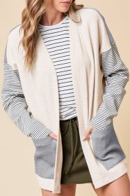 Black Striped Patchwork Pocket Open Front Cardigan (size: (US 8-10)M)