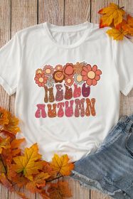 White Floral HELLO AUTUMN Printed Crewneck T Shirt (size: (US 16-18)XL)