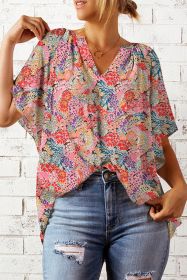 Multicolor Gorgeous Notch V Neck Short Sleeve Floral Blouse (size: (US 16-18)XL)