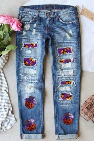 Sky Blue Sequin Pumpkin Patched Distressed Straight Leg Jeans (size: 8)