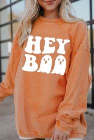 Orange Halloween Hey Boo Ghost Print Ribbed Loose Sweatshirt (size: (US 4-6)S)