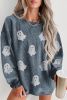 Blue Halloween Ghost Corded Crew Neck Loose Sweatshirt