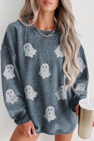 Blue Halloween Ghost Corded Crew Neck Loose Sweatshirt (size: (US 16-18)XL)