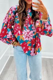 Red Floral Print Balloon Sleeve Half Buttons Blouse (size: (US 16-18)XL)