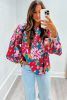 Red Floral Print Balloon Sleeve Half Buttons Blouse