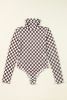 Brown Checkered Print Long Sleeve Mock Neck Bodysuit