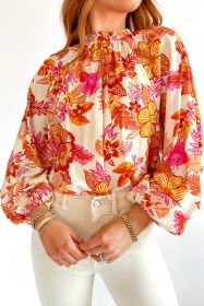 Orange Boho Floral Lantern Sleeve Blouse (size: (US 16-18)XL)