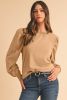 Pale Khaki Eyelet Embroidered Sleeve Patchwork Ribbed Sweatshirt