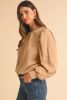 Pale Khaki Eyelet Embroidered Sleeve Patchwork Ribbed Sweatshirt
