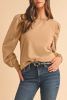 Pale Khaki Eyelet Embroidered Sleeve Patchwork Ribbed Sweatshirt