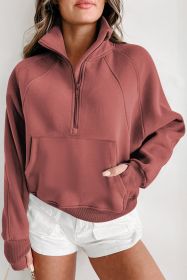 Brown Zip Up Stand Collar Thumbhole Sleeve Sweatshirt (size: (US 16-18)XL)
