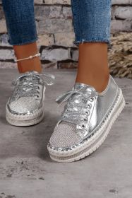 Silvery Rhinestone Metallic Sheen Lace-up Sneakers (size: (US 8.5)40)