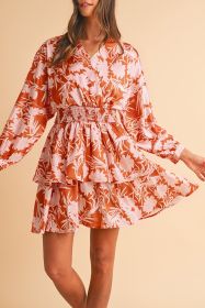 Brown Floral Puff Sleeve Smocked Waist Layered Dress (size: (US 16-18)XL)