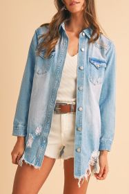 Beau Blue Light Wash Distressed Frayed Long Denim Jacket (size: (US 4-6)S)