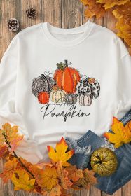 Beige Rhinestone Pumpkin Graphic Thanksgiving Sweatshirt (size: (US 16-18)XL)