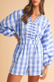 Sky Blue Plaid Shirred V Neck Lantern Sleeve Romper (size: (US 16-18)XL)