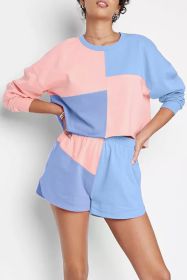 Sky Blue Colorblock Long Sleeve Top & Pocketed Shorts Set (size: (US 16-18)XL)