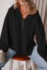 Black Half Zipper Kangaroo Pockets Drop Shoulder Hoodie