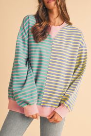 Sky Blue Stripe Colorblock Drop Shoulder Oversize Sweatshirt (size: (US 16-18)XL)