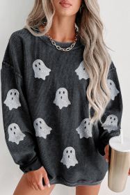 Black Halloween Ghost Corded Crew Neck Loose Sweatshirt (size: (US 8-10)M)