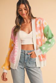 Orange Flower & Dotted Print Colorblock Open Front Cardigan (size: (US 4-6)S)