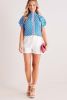 Sky Blue Floral Print Stand Neck Short Sleeve Blouse
