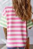 Pink Stripe Patch Pocket Drop Sleeve Slits T Shirt