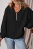 Black Half Zipper Kangaroo Pockets Drop Shoulder Hoodie