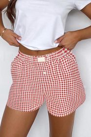 Red Vintage Plaid Print High Waisted Loose Wide Leg Shorts (size: (US 4-6)S)