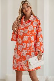 Red Floral Print Lapel Collar Loose Shirt Mini Dress (size: (US 16-18)XL)