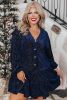 Navy Blue Textured Velvet Buttons Tiered Plus Size Dress