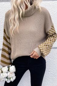 Smoke Gray Striped Plaid Patchwork Waffle Knit Turtleneck Sweater (size: (US 16-18)XL)