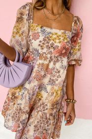 Khaki Floral Puff Sleeve Square Neck Tiered Mini Dress (size: (US 16-18)XL)