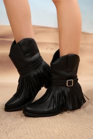 Black Fringed Wide Calf Faux Leather Boots (size: (US 10)42)
