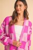 Rose Red Checkered Printed Ribbed Trim Open Front Cardigan