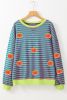 Green Stripe Glitter Halloween Pumpkin Print Oversized Graphic Sweatshirt