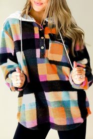 Multicolour Plaid Color Block Flap Pocket Buttoned Hoodie (size: (US 16-18)XL)