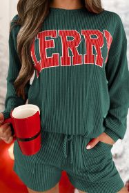 Evergreen Corded MERRY Long Sleeve Top and Shorts Pajama Set (size: (US 16-18)XL)