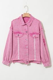 Pink Lace Patchwork Distressed Buttoned Denim Jacket (size: (US 16-18)XL)