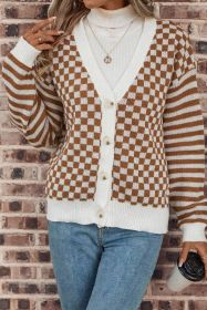 Brown Checkered Striped Patched Buttoned V Neck Cardigan (size: (US 16-18)XL)