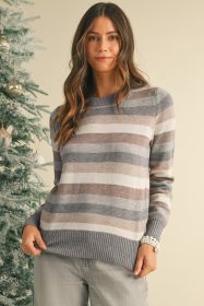 Gray Striped Ribbed Edge Round Neck Sweater (size: (US 16-18)XL)
