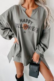 Medium Grey Sequin Happy Halloween Graphic Notched Neck Loose Top (size: (US 16-18)XL)