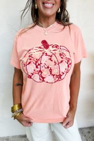 Pink Floral Pumpkin Print Crew Neck Casual T Shirt (size: (US 16-18)XL)