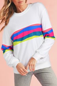 White Colorful Striped Round Neck Long Sleeve Top (size: (US 16-18)XL)
