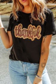 Black Sequined Thankful Round Neck Graphic Tee (size: (US 16-18)XL)