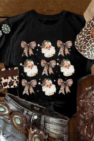 Black Santa Claus Leopard Bow Print Crew Neck Casual T Shirt (size: (US 16-18)XL)