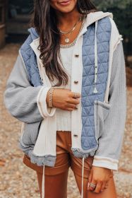 Light Blue Quilted Textured Patchwork Hooded Jacket (size: (US 16-18)XL)