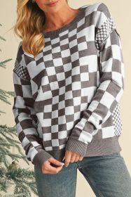 Gray Checkered Drop Shoulder Round Neck Sweater (size: XXL)