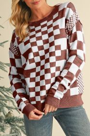 Brown Checkered Drop Shoulder Round Neck Sweater (size: XXL)