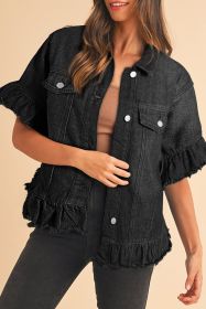 Black Raw Edge Ruffle Short Sleeve Denim Jacket (size: (US 16-18)XL)